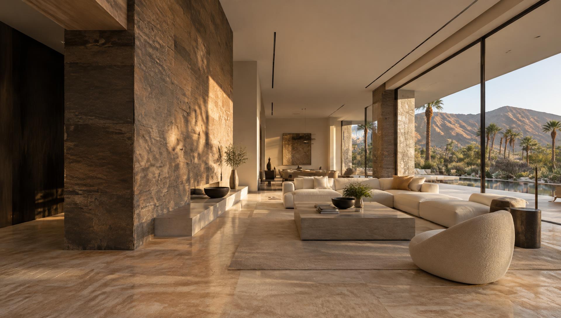 Illustrative luxury desert interior with smooth walls, architectural ceilings, and mountain views